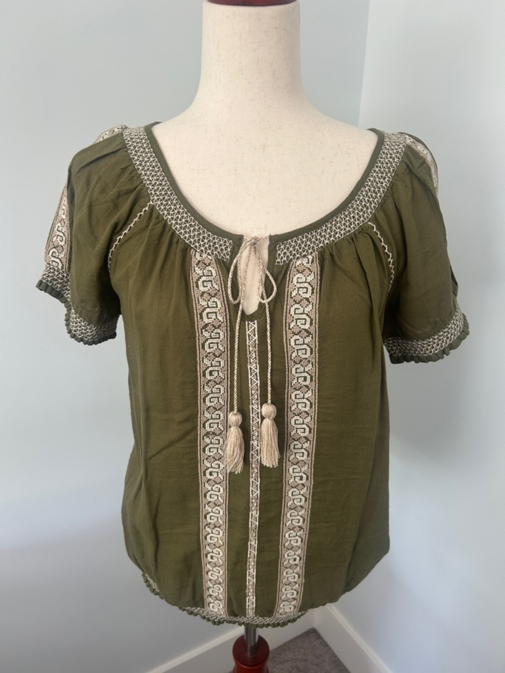 Lucky Brand Olive Green Boho Embroidered Peasant Blouse